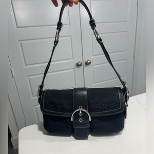 COACH Black Signature Jacquard & Leather Trim Shoulder Bag